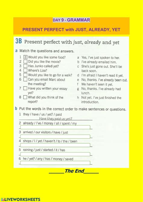 Present Perfect With Just Already And Yet Interactive Worksheet