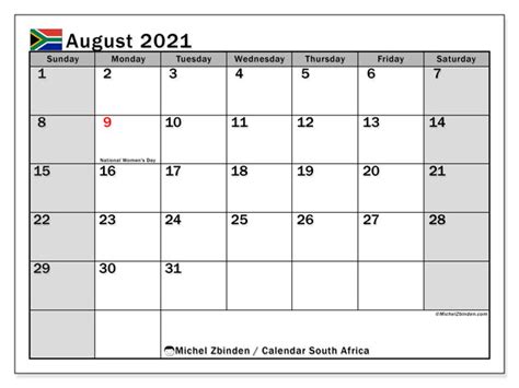 August 2021 Calendar South Africa Gambaran
