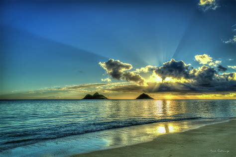 Oahu Hi Lanikai Beach Majestic Sunrays Sunrise Landscape Seascape Art