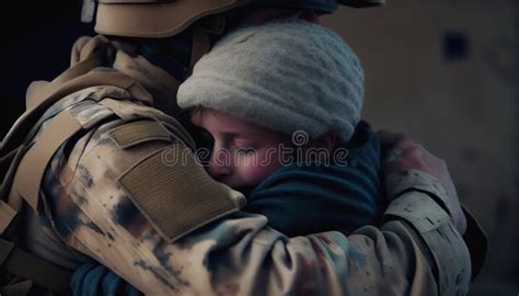 Teen Son Says Goodbye To Her Military With His Eyes Closed Son Hugs A Dad Ukrainian Soldier
