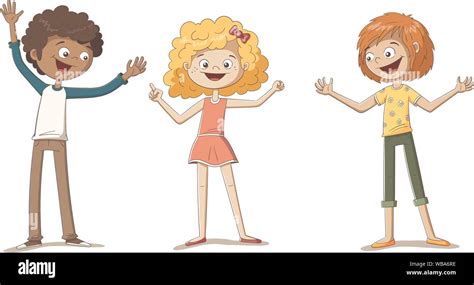 Tres Niños Felices Divertida Caricatura De Caracteres Dibujados A Mano
