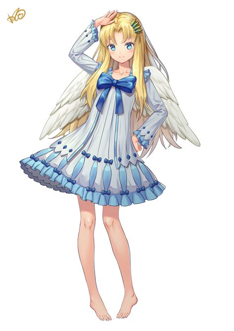 The Big Imageboard Tbib 1girl Absurdres Angel Wings Arm Up Barefoot Blonde Hair Blue Eyes