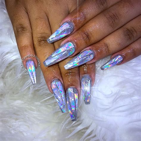 Glass Look Mosaic Holographic Chrome Coffin Nails Chrome Nails