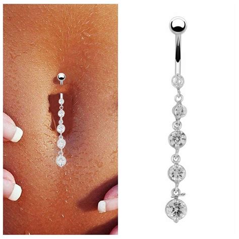 2020 Stainless Steel Zircon Long Dangle Round Rhinestone Navel Belly Ring Button Bar Barbell