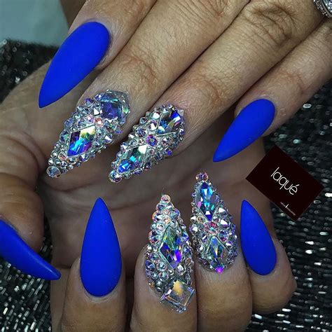 Custom Matte Cobalt Blue Crystal Stiletto Nails Blue Nails Nails