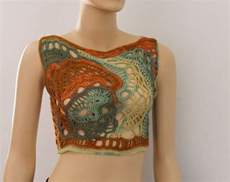 Chic Boho Hippie Multicolor Freeform Crochet Tank Top Crop Top Summer One Of A Kind