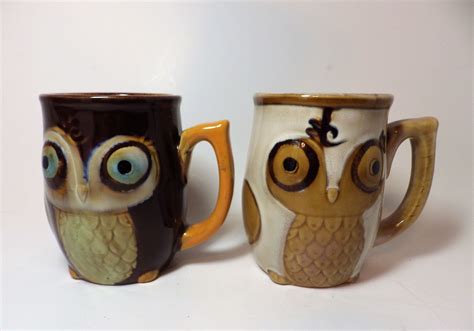 Two 2 Vintage Owl Mugs Gibson Home Ceramic Coffee Tea Etsy Vintage