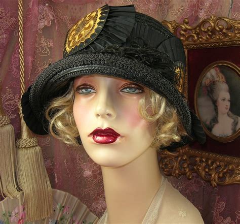 1920 s vintage style gatsby tan and black embroidered feather cloche