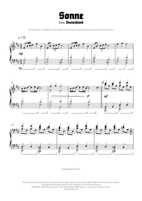 Sonne Arr Atlas Sheet Music Rammstein Piano Solo