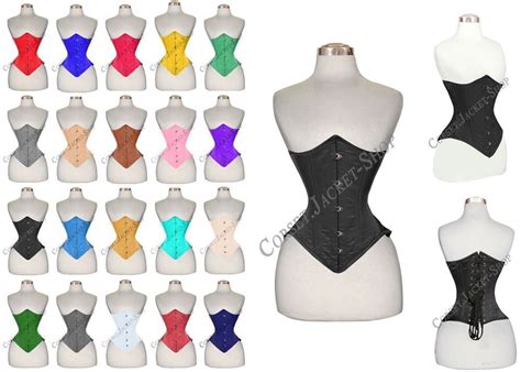 Several Different Types Of Corsets On Mannequins All In Different Colors