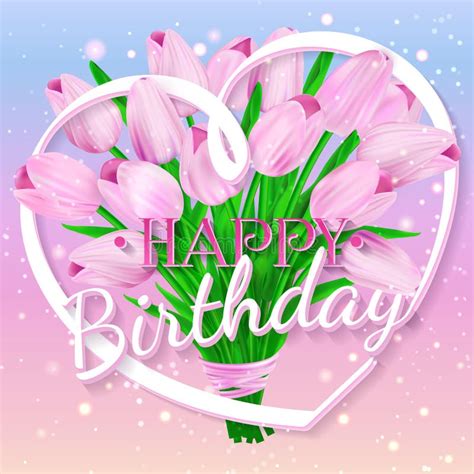 Happy Birthday Vector Illustration With Bouquet Of Colorful Tulips And