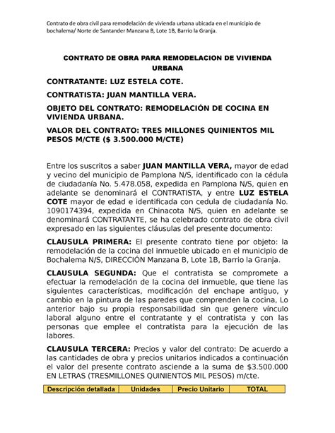 Modelo De Contrato De Remodelacion Contrato De Obra Civil Para
