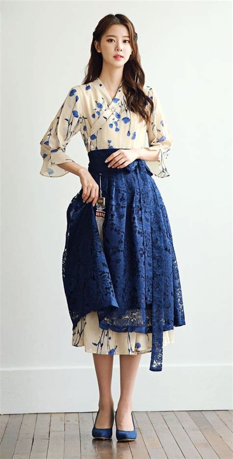 Modern Hanbok Dress Beige Navy Lace Wrapped Skirt Woman Female Etsy Kimono Fashion Modern