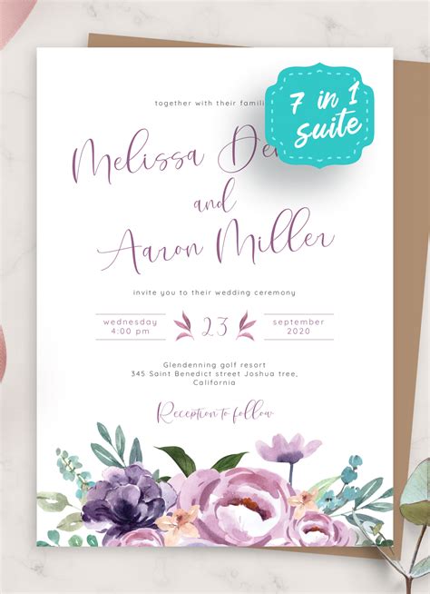 Download Printable Exotic Flowers Purple Wedding Invitation Suite Pdf