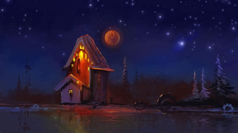 Fantasy Hut Night Moon Stars Art