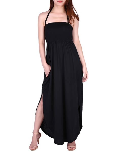 hde hde maxi dress plus size tie halter neck tube top with side slit and pockets black 2x