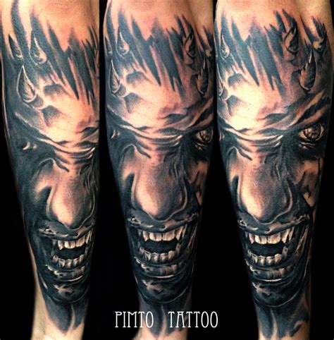 Male Demon Tattoo Black And Grey Realistic By Pimto Black And Grey