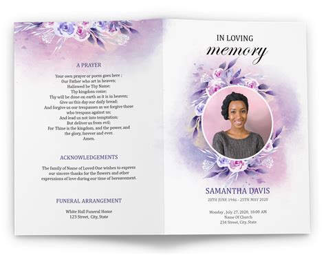 Ds009 Editable Funeral Program Obituary Program Template Purple Floral