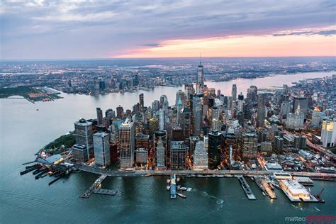 Aerial Of Lower Manhattan Skyline At Sunset New York City Usa