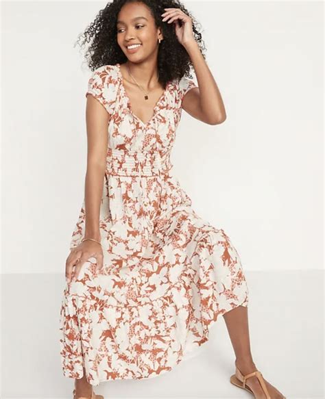 Smocked Waist Defined Floral Print Midi Dress Cheap Summer Dresses At