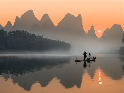 Li River Wonderful Place In China Sunset Landscape