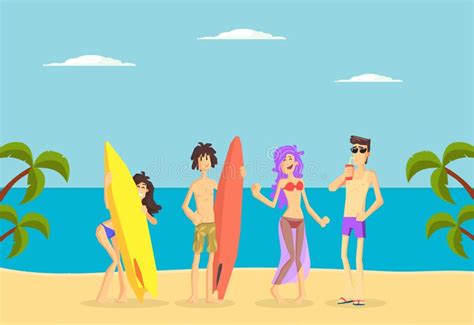 Happy People Standing With Surfboards On Tropical Beach Young Men And Girls On Summer Vacation