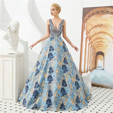 Best Navy Blue Jacquard Prom Dresses 2019 A Line Princess Deep V Neck