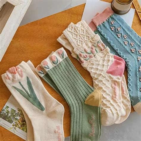 Floral Socks Set Women Cute Flower Geometric 3d Textured Temu