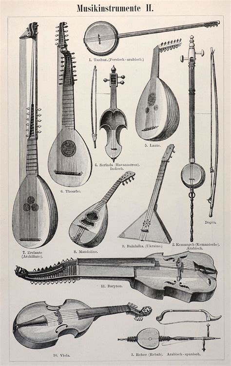Authentic Vintage Antique Print Musical Instruments Antique Engraving