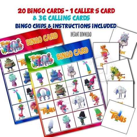 Trolls Bingo Printable Game 20 Different Cards 36 Calling Cards And 1