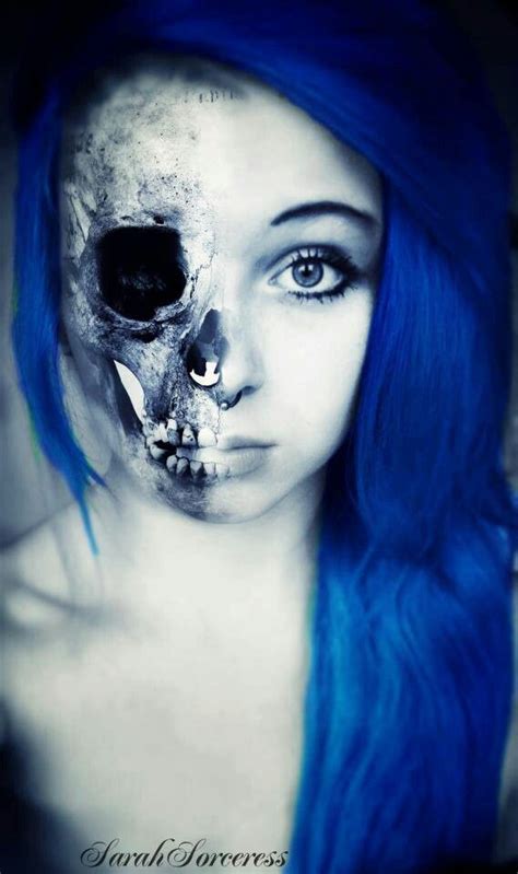 It's time for a new hairstyle, it's more arractive if you dye you hair some cool color, no matter what color it is. Emo Skeleton Face Paint | emo girl blue hair skull face ...