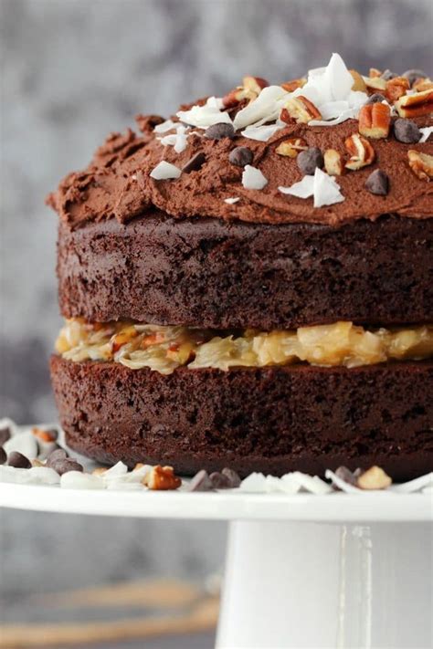 In a microwave, melt chocolate with water; Moist and rich 2-layer vegan German chocolate cake with a ...