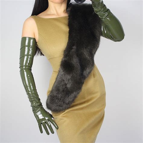 Latex Long Gloves Shine Leather Faux Patent Pu 24 60cm Fashion Olive