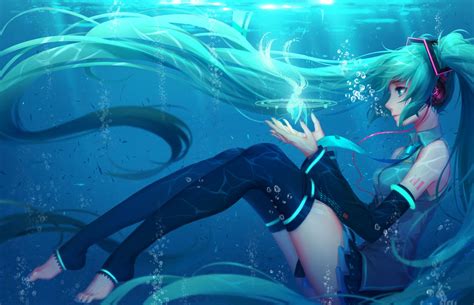 Anime Vocaloid Hatsune Miku Long Hair Twintails Aqua Hair Aqua