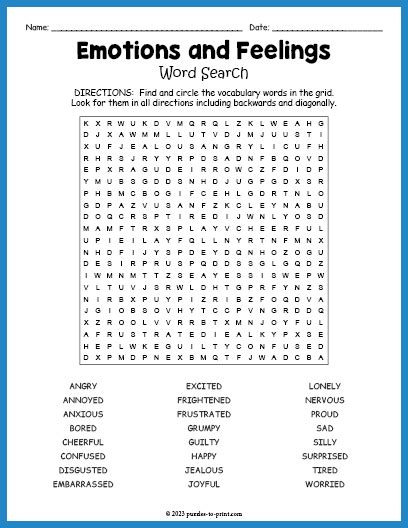 Emotions And Feelings Word Search