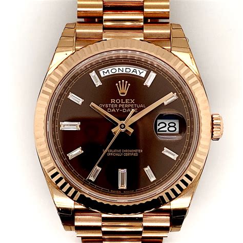Rolex Day Date Rose Gold Chocolate Baguette Diamond Dial Hg Watches