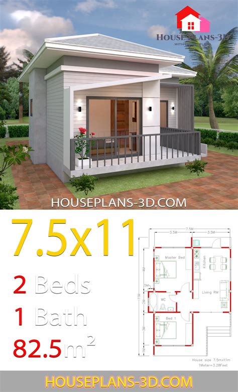 If you're looking for a home that is easy and inexpensive to build, a rectangular house plan would be a smart decision on your part! House Plans 7.5x11 with 2 Bedrooms Hip roof - House Plans ...