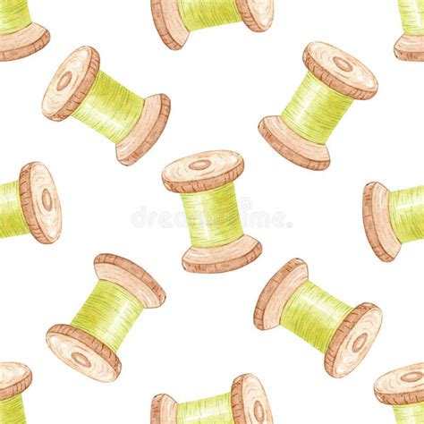 Watercolor Green Thread Spool Seamless Pattern On White Background