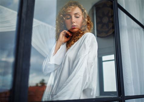 Sergey Zhirnov Women Blonde Curly Hair White Clothing Low Angle Window Wallpaper Resolution