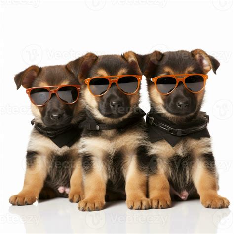 Three Puppies Wearing Sunglasses Sitting On A White Surface Generative