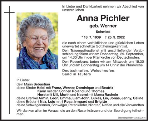 Traueranzeigen Von Anna Pichler Trauer Bz