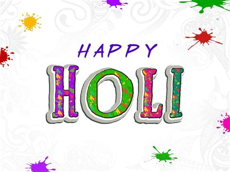 Creative Happy Holi Font With Color Splatter Effect On White Flourish