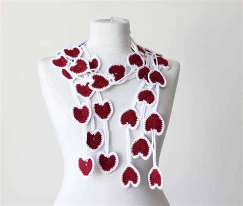 Valentines Day Hearts Crochet Scarf For Women In Red And White Etsy