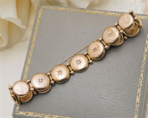 Victorian 10k Gold Diamond Button Link Bracelet