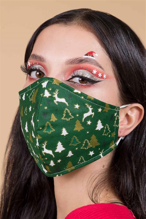 Reusable And Washable Face Mask 4 Layers Pure Cotton Green Xmas
