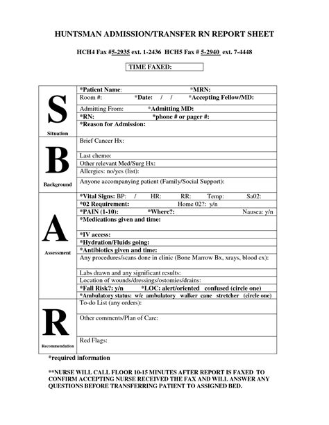 Huntsman Sbar Report Sheet Nursing Assessment Sbar Nursing Nurse