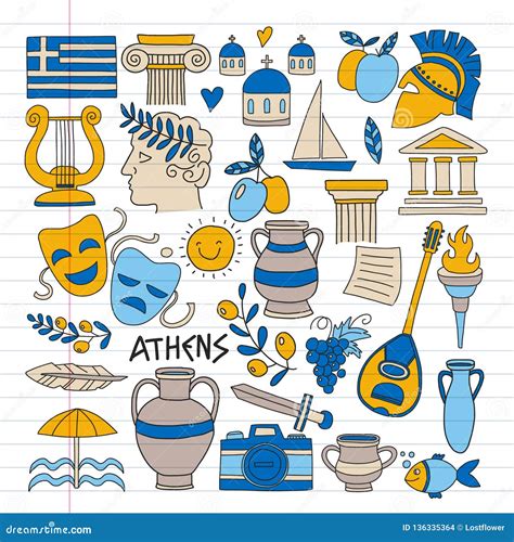 Travel To Greece Vector Set With Doodle Style Icons Stock Vector