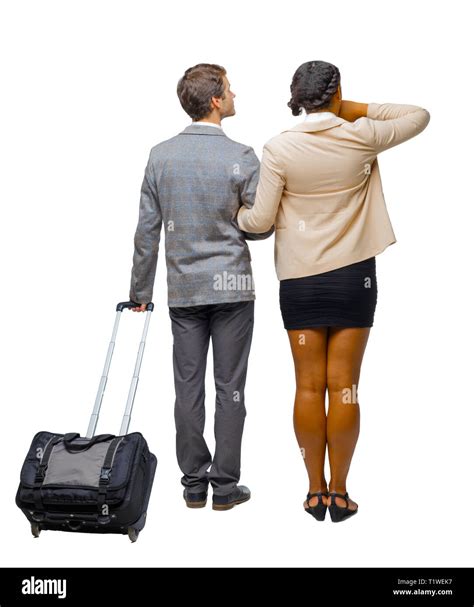 back view of interracial couple with suitcase rear view people collection backside view of