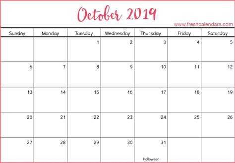 October 2019 Calendar Printable