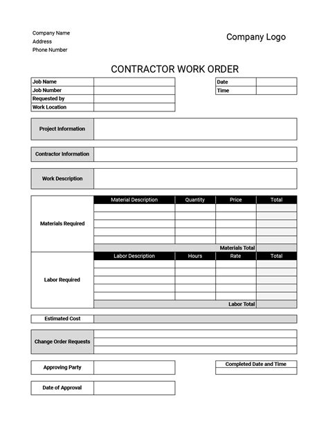 Work Order Form Template Excel
